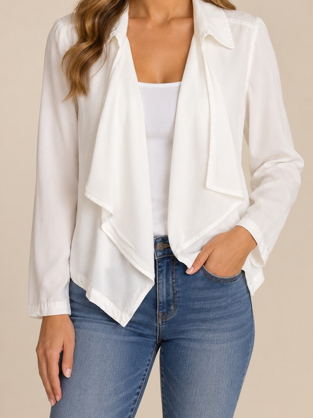 Soft Surroundings White Tencel Waterfall Cardigan Open Front Lightweight L